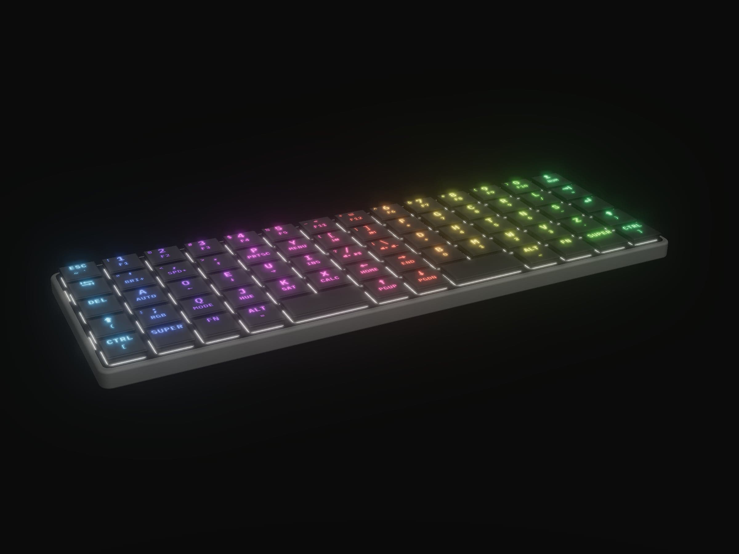 KeBe Lite, rendered from its design files with its per-key lighting on: each key's legend lit in a rainbow.