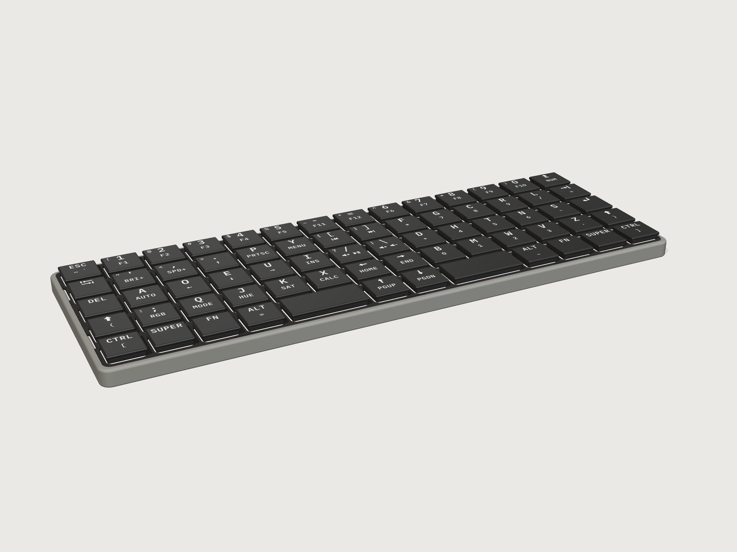 KeBe Lite, rendered from its design files: black key tops with white laser-etched legends in a grey nylon case.