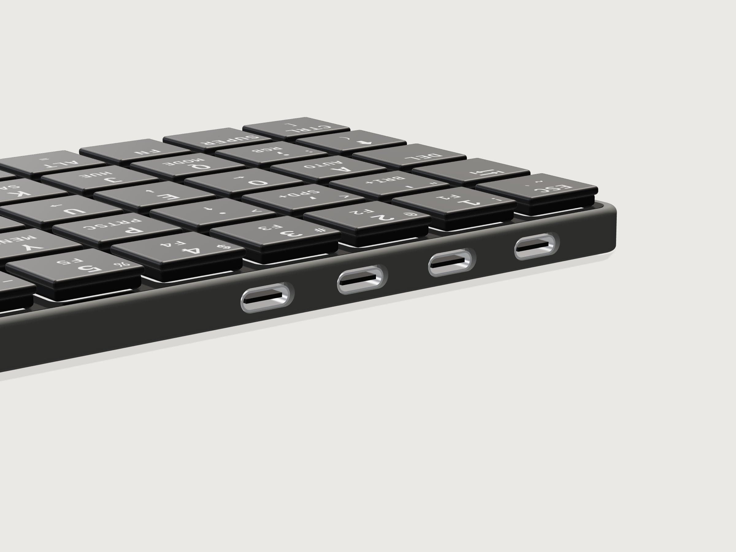 The back edge of KeBe Lite, rendered from its design files: four USB-C ports, one to the computer and three for its USB 2.0 hub.