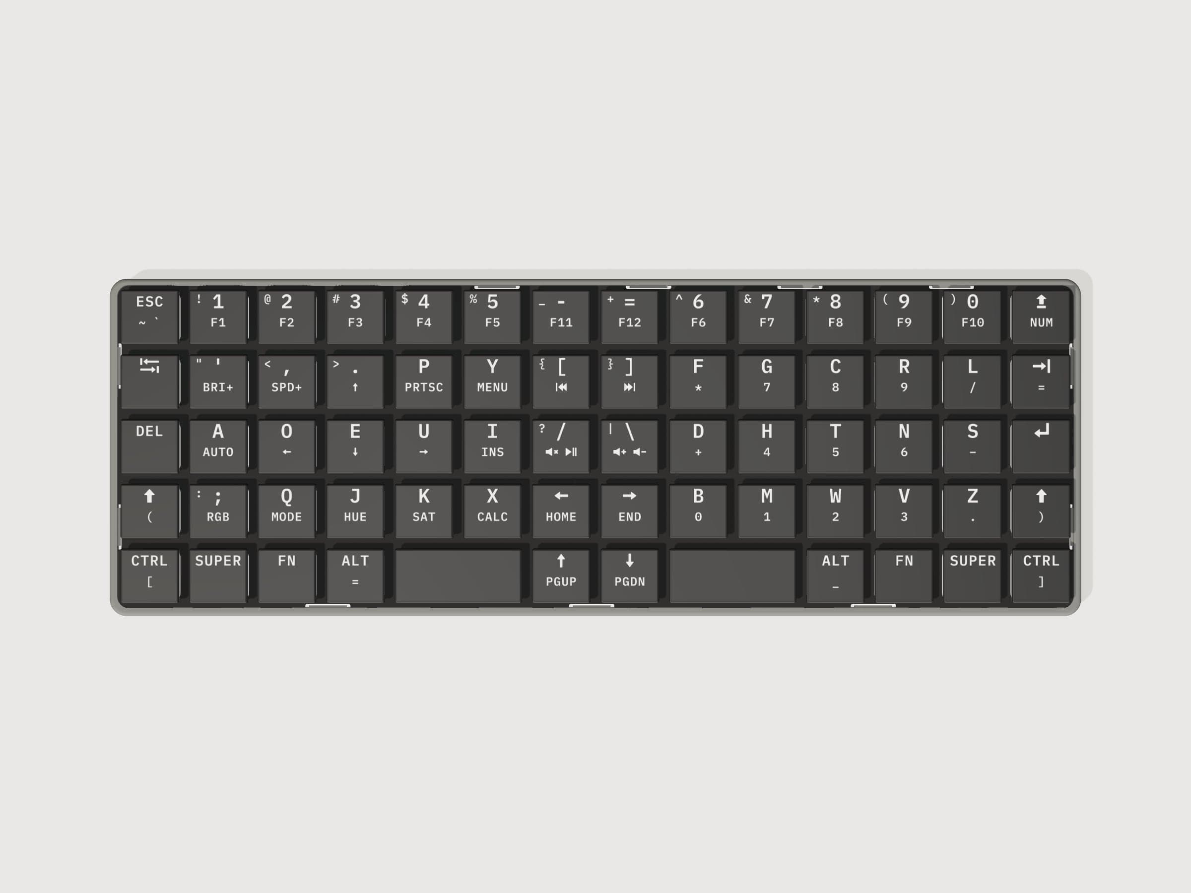KeBe Lite from above, rendered from its design files: 68 keys in straight columns, the Dvorak letters in the middle.