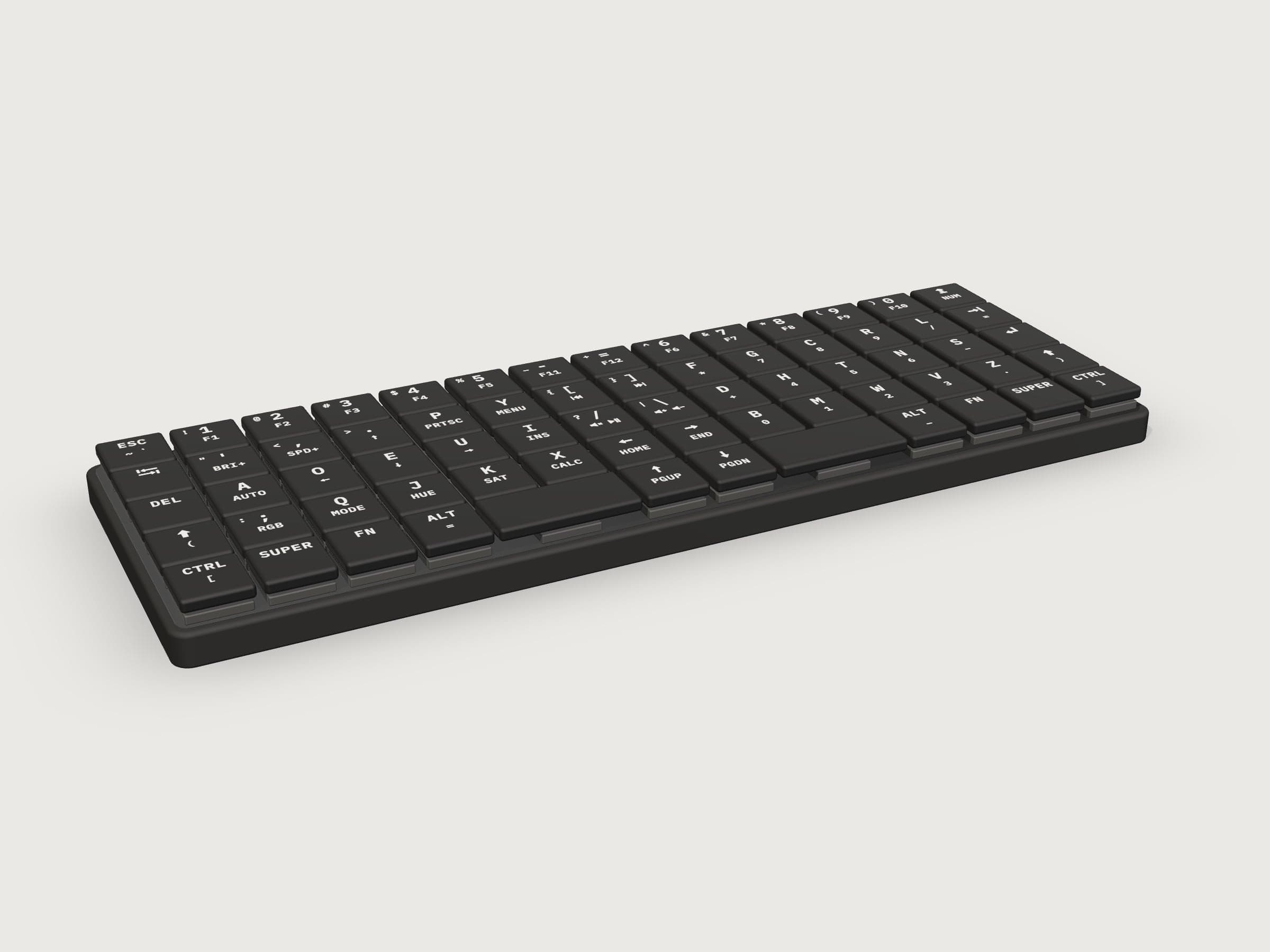 KeBe v2, rendered from its CAD: black keycaps with white legends on a low black case.