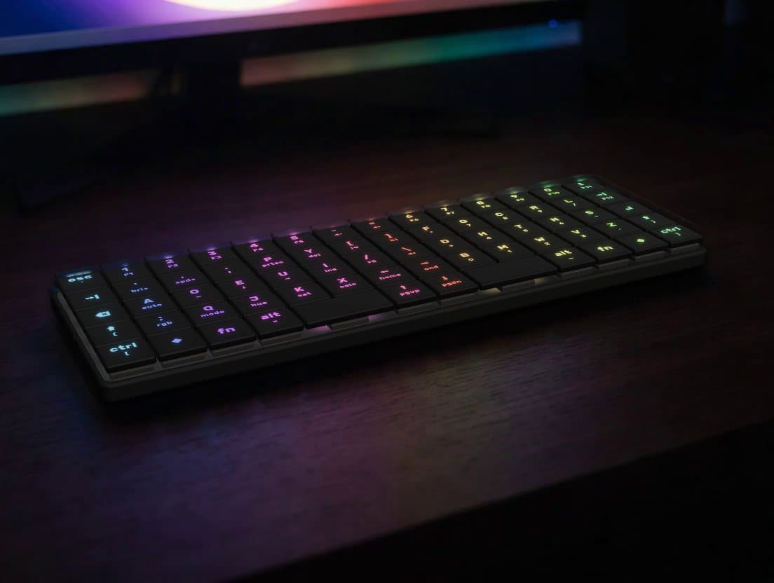 KeBe v2 on a desk at night, its legends lit in a rainbow by the per-key RGB.