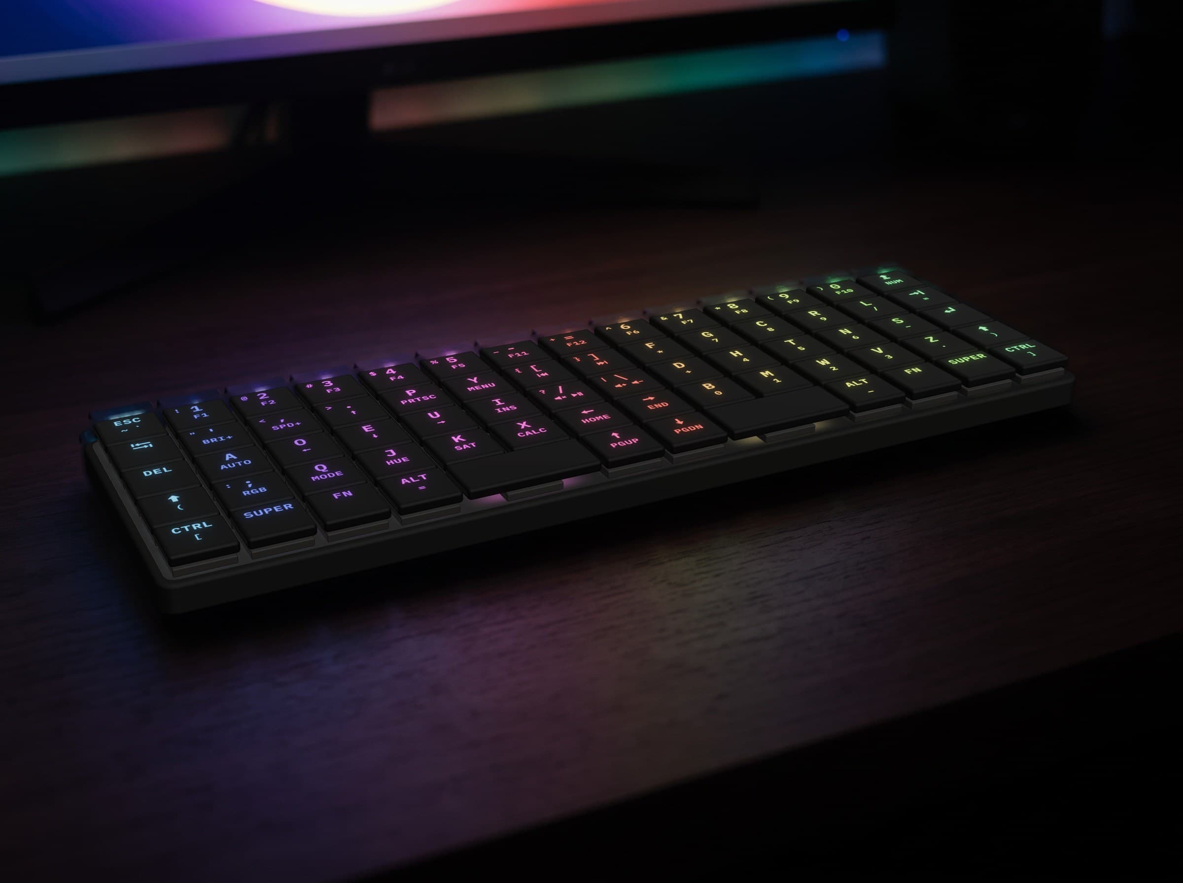 KeBe v2 CAD model on a desk at night, its legends lit in a rainbow by the per-key RGB, in an AI-generated scene.