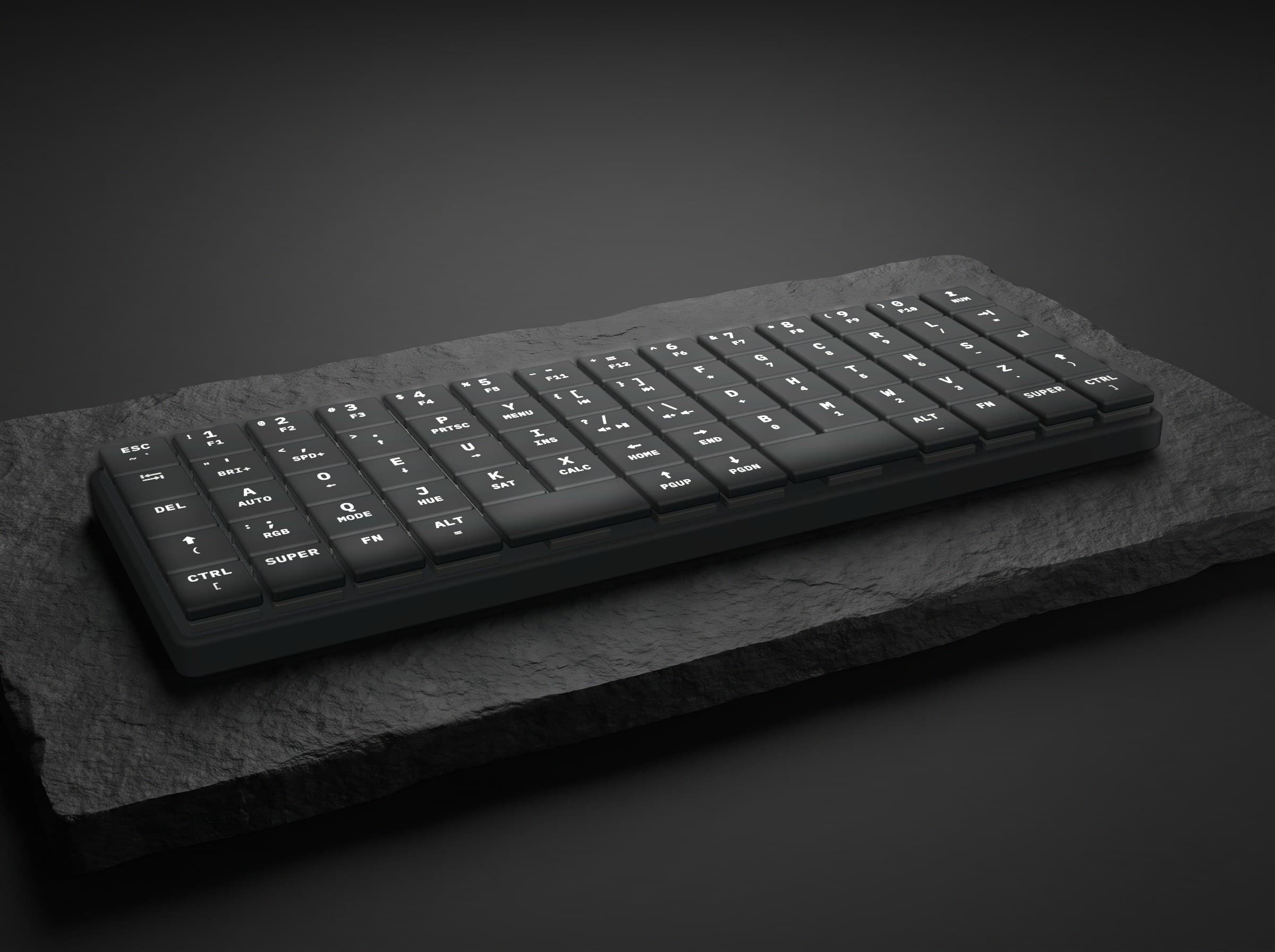 KeBe v2 CAD model on a slab of dark stone, in an AI-generated scene.