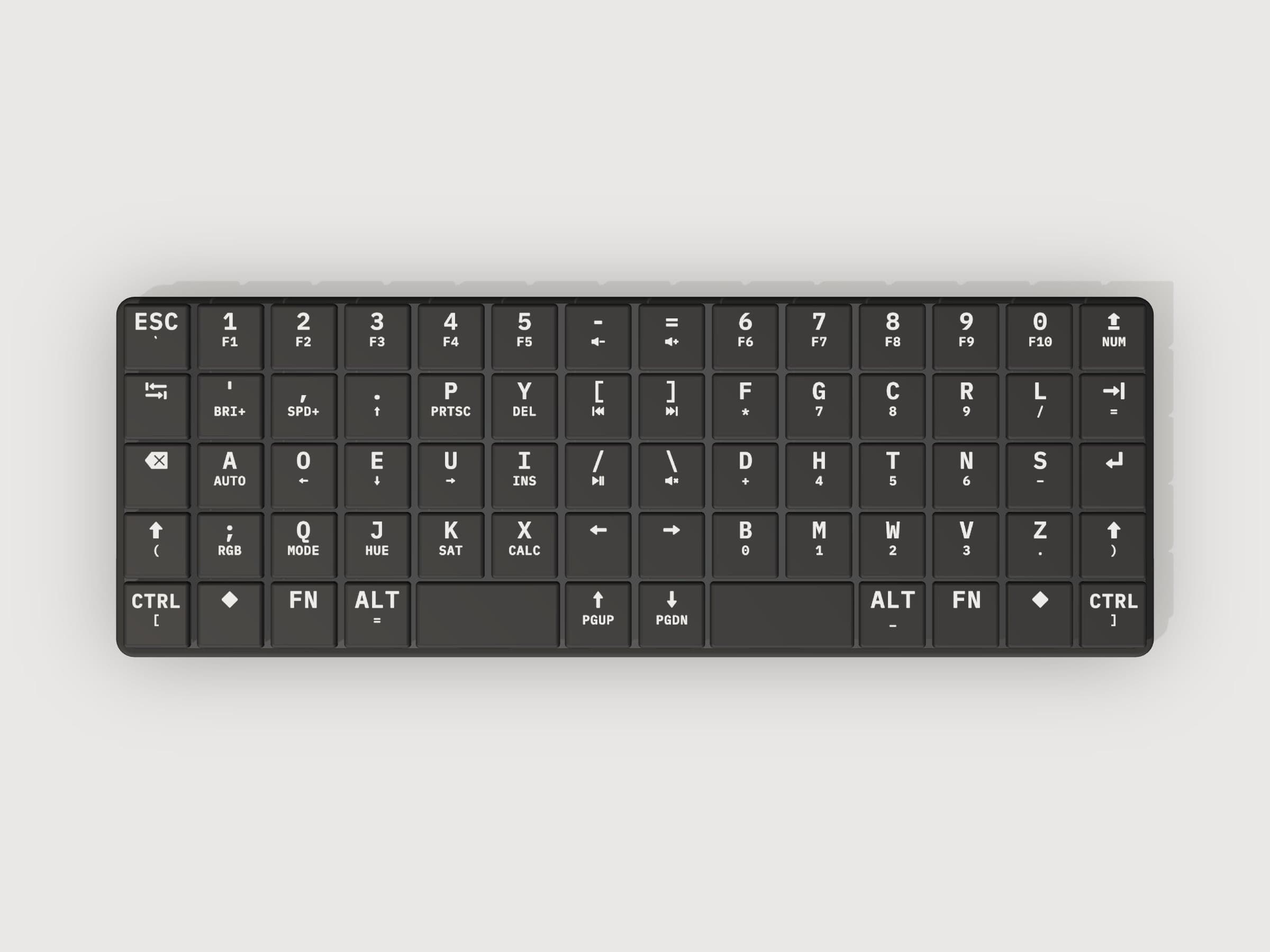 KeBe v2 from above: 68 keys in straight columns, the Dvorak letters in the middle, the modifiers mirrored on both sides.